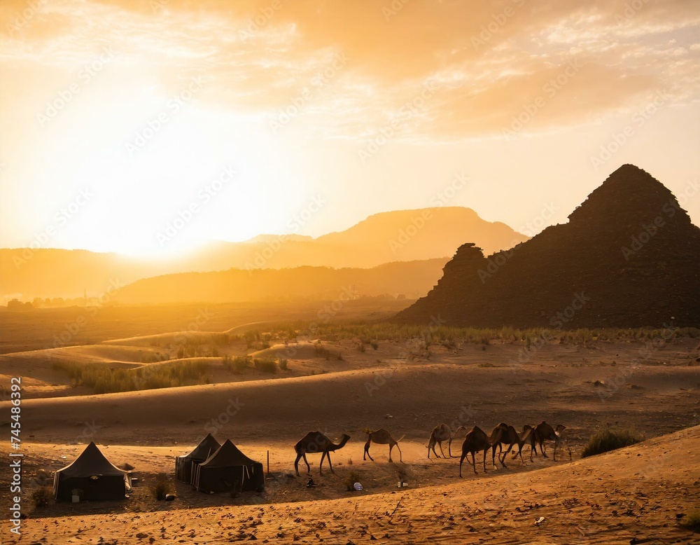 A desert landscape with camels and tents A desert landscape with camels and tents
