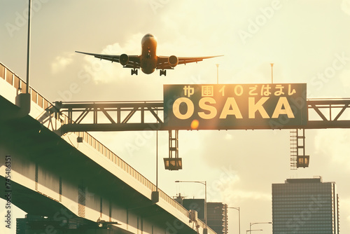 Plane landing in Osaka, Japan with "OSAKA" road sign in frame 