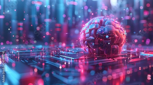 Artificial Intelligence in Cyberspace Brain and City in Light Red and Purple