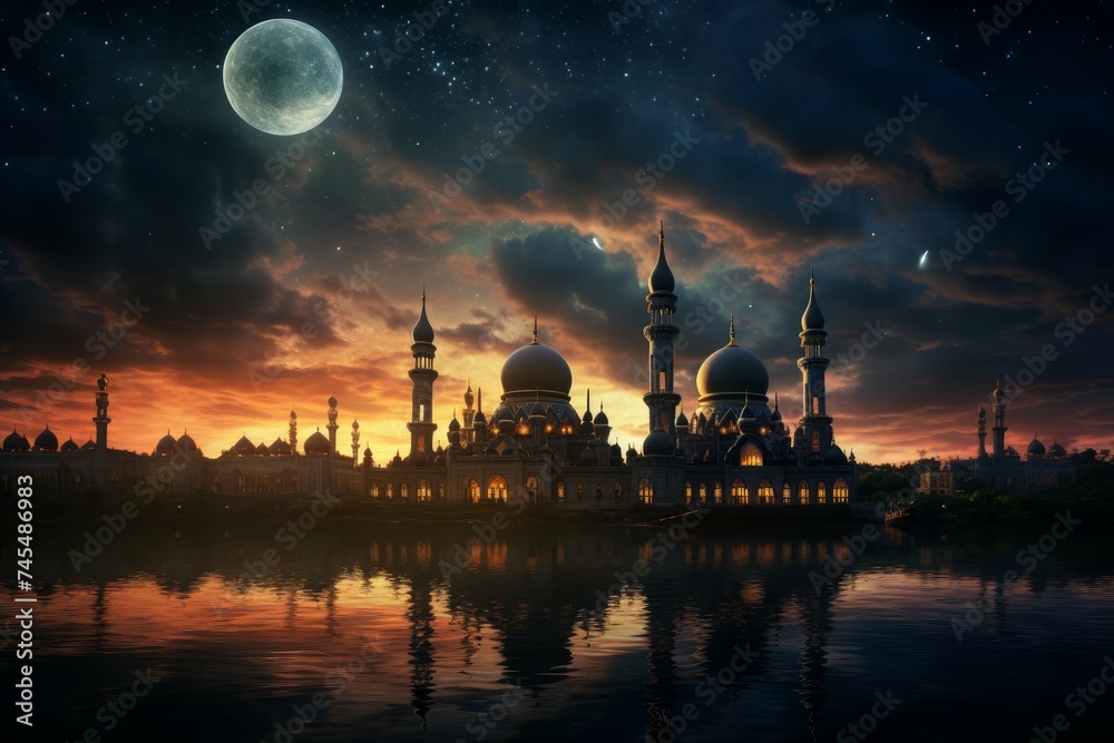 Mosque evening sky. Night moon light. Generate Ai
