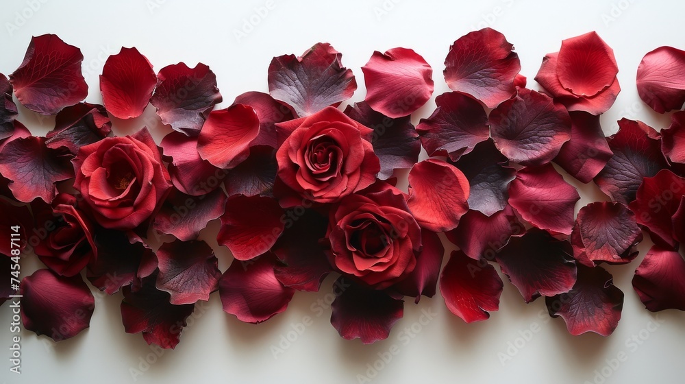 Red roses and red rose petals on a plain background. Red roses and red rose petals on a plain background.