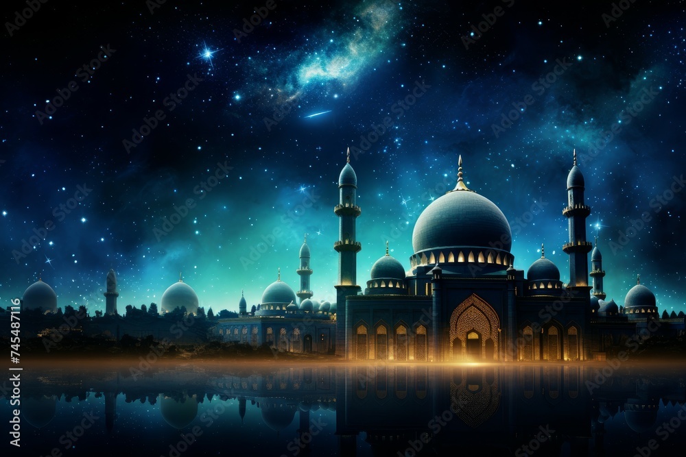 Mosque stars night. Crescent night. Generate Ai