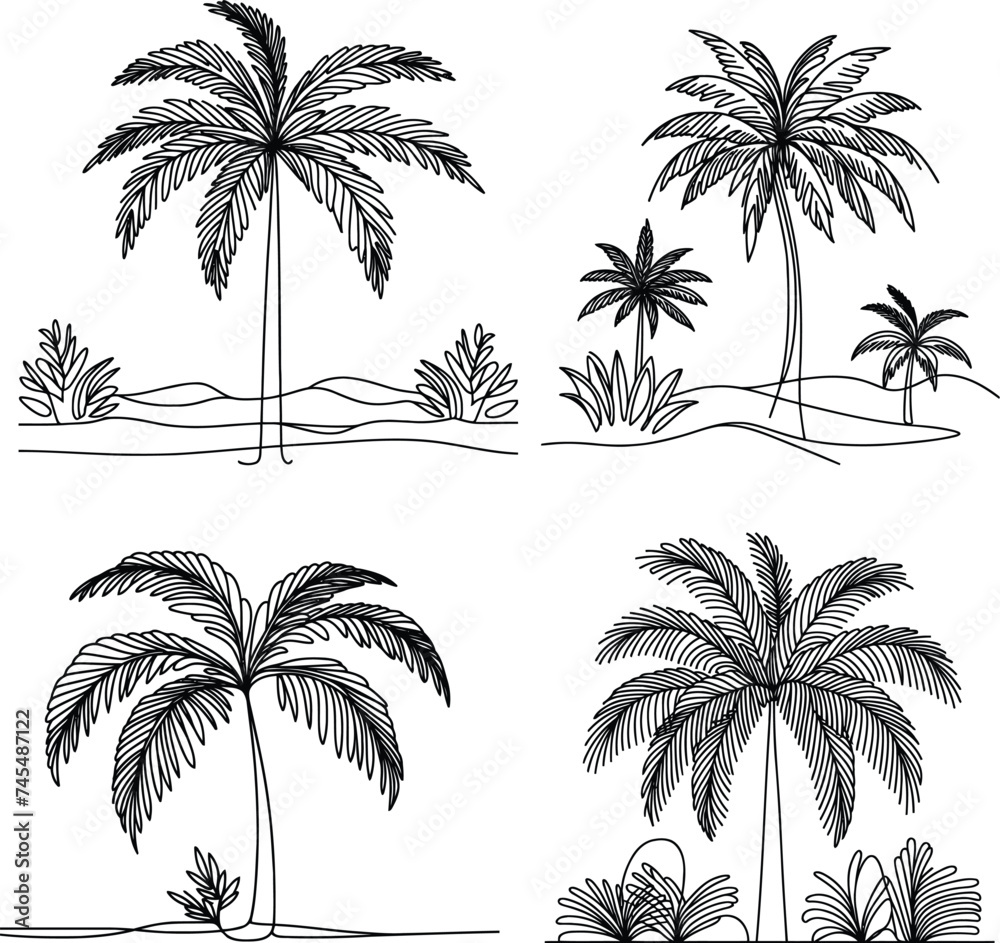 palm tree in continuous line drawing minimalist style, food illustration.