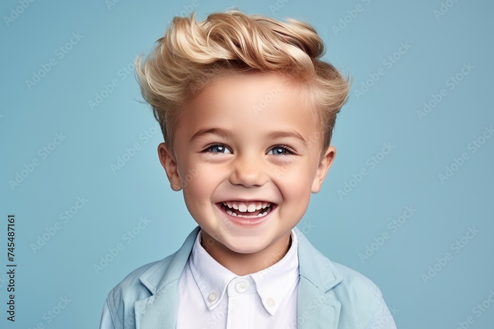 Portrait of a cute little boy with blond hair on blue background Portrait of a cute little boy with blond hair on blue background