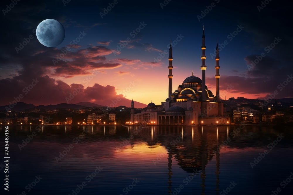 Mosque evening sky twilight. Moon light. Generate Ai