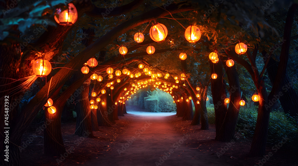 Obraz premium Enchanted Pathway with Illuminated Lanterns at Twilight