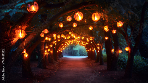 Enchanted Pathway with Illuminated Lanterns at Twilight