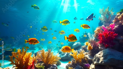 underwater colorful coral reef with fishes, sunlight from the top 