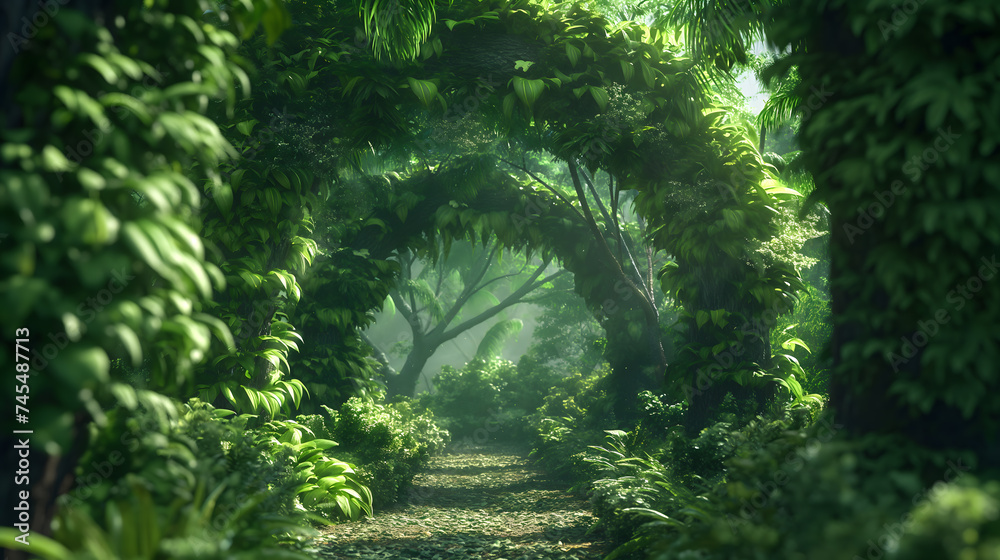 Enchanted Forest Pathway in Misty Morning Light - obrazy, fototapety, plakaty 