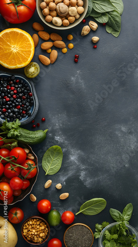 Assortment of Fresh Fruits, Vegetables, and Nuts on Dark Background