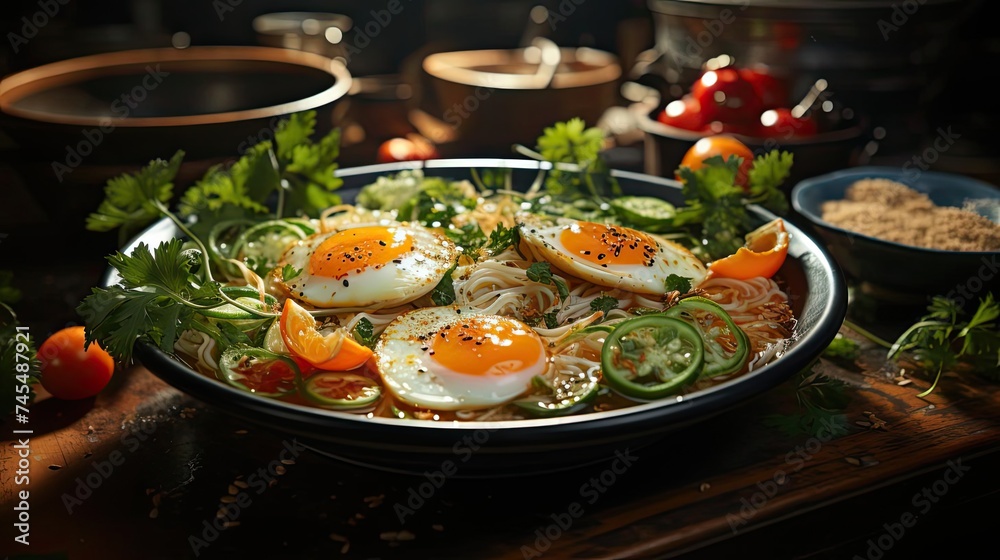 Delicious ramen noodles with egg topping on top, blur background Delicious ramen noodles with egg topping on top, blur background
