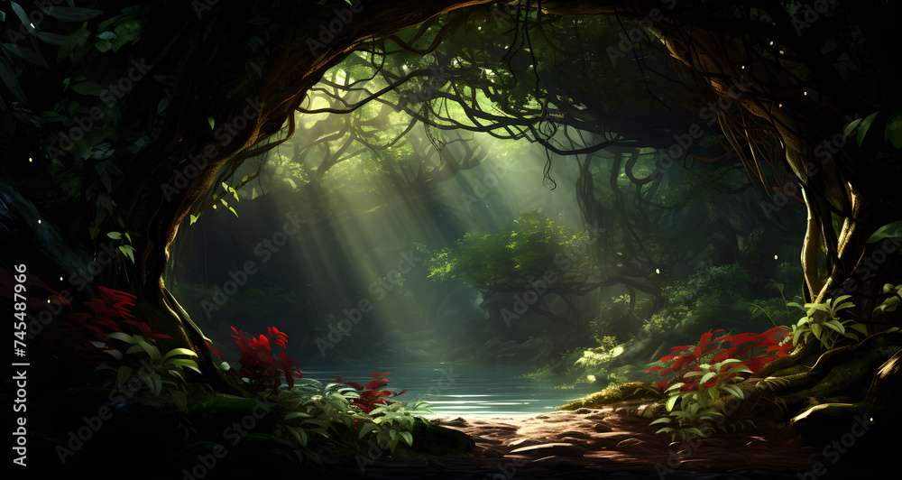 a beautiful dark and green forest with sunlight streaming out - obrazy, fototapety, plakaty 