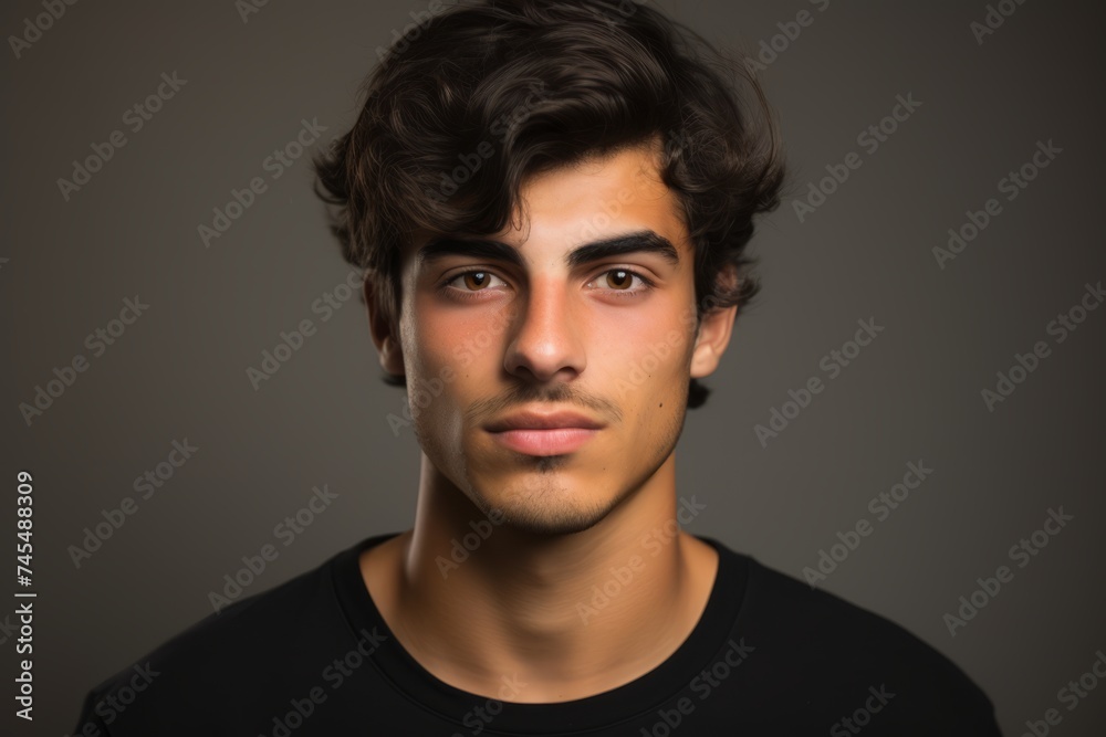 Portrait of a handsome young man looking at camera over grey background