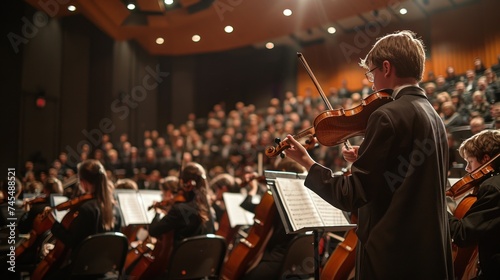 A boy playing violin in the orchestra performance