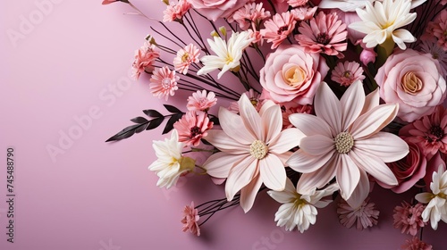 top view of beautiful flowers on pink background for valentine banner or poster