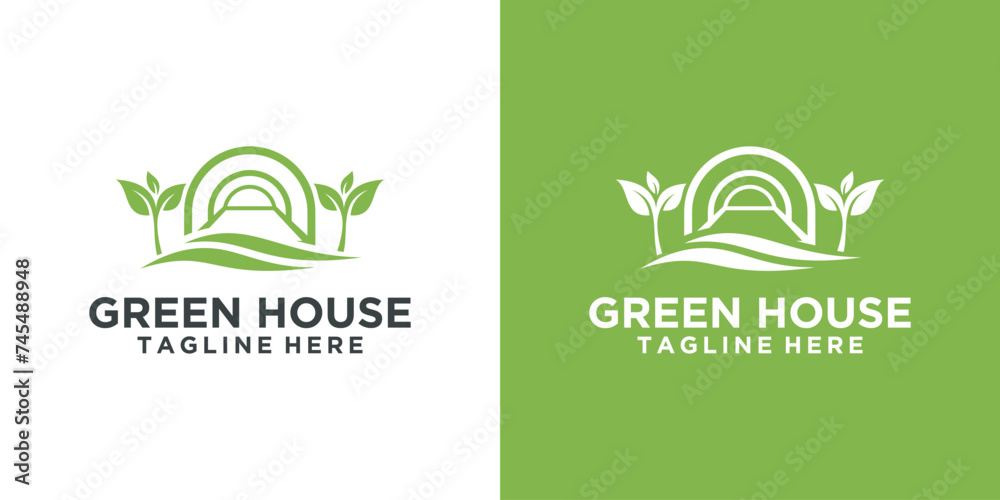 Fototapeta premium Greenhouse Leaf Logo Template Vector, Greenhouse logo design vector. House and leaf vector icon. Leaf Greenhouse Logo Template Vector