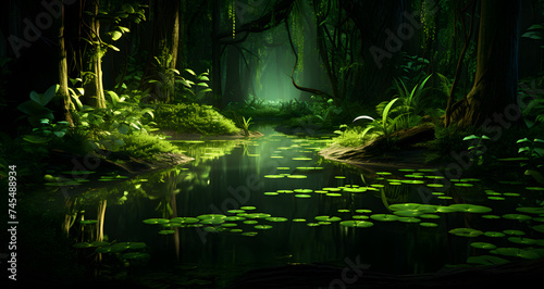 a swamp with lillies sits in front of some trees