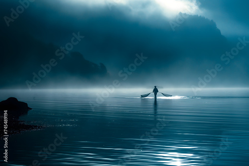 Solitary Rower in Misty Waters at Dawn