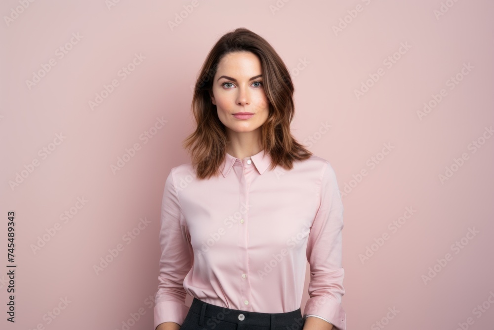 Portrait of a beautiful young business woman in pink blouse on pink background Portrait of a beautiful young business woman in pink blouse on pink background