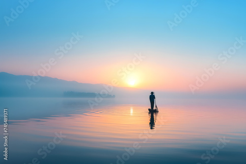 Serene Lake at Sunrise with Lone Paddleboarder