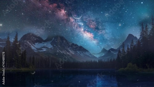 milky way over forest and lake. amazing night sky background. seamless looping overlay 4k virtual video animation background  photo