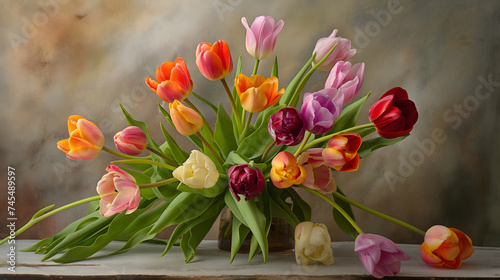 Colorful Tulip Bouquet on Textured Backdrop #745489597
