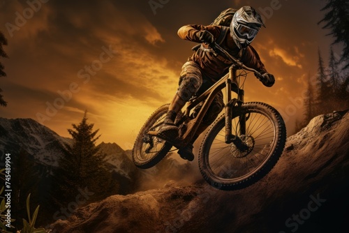 Mountain biker. Bike man sport. Fictional person. Generate Ai © juliars