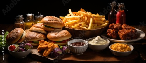 Hamburger  french fries  vegetables and snacks on wooden table