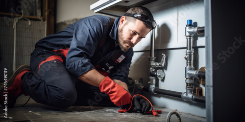 Skilled Plumber Working at Home, Fixing Plumbing with a Set of Tools