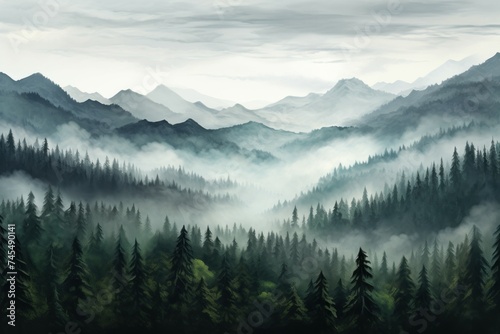 Majestic Mountain foggy view. Mist hill. Generate Ai © juliars