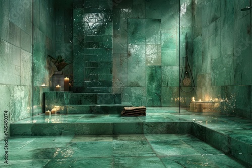 Living room made from jade green ceramic tiles glowing soft texture light passing through glass Give a mysterious atmosphere