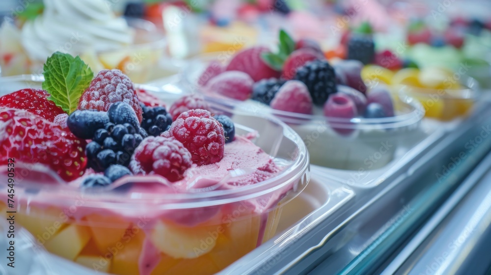 Ice cream with fruits and berries in the supermarket. Ice cream background Ice cream with fruits and berries in the supermarket. Ice cream background