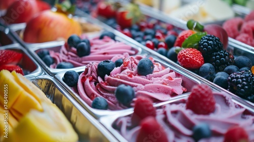 Ice cream with fruits and berries in the supermarket. Ice cream background