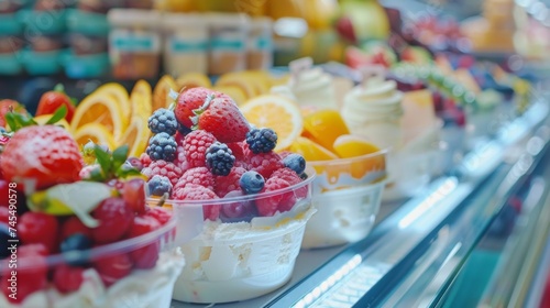 Ice cream with fruits and berries in the supermarket. Ice cream background