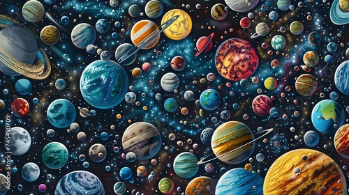 Background design with many planets in space illustration. Space icon set and astronaut
