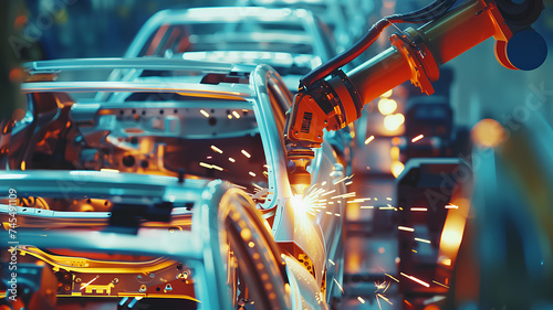 A robotic arm performs precision welding on an automotive assembly line, with sparks flying in a high-tech factory setting. 