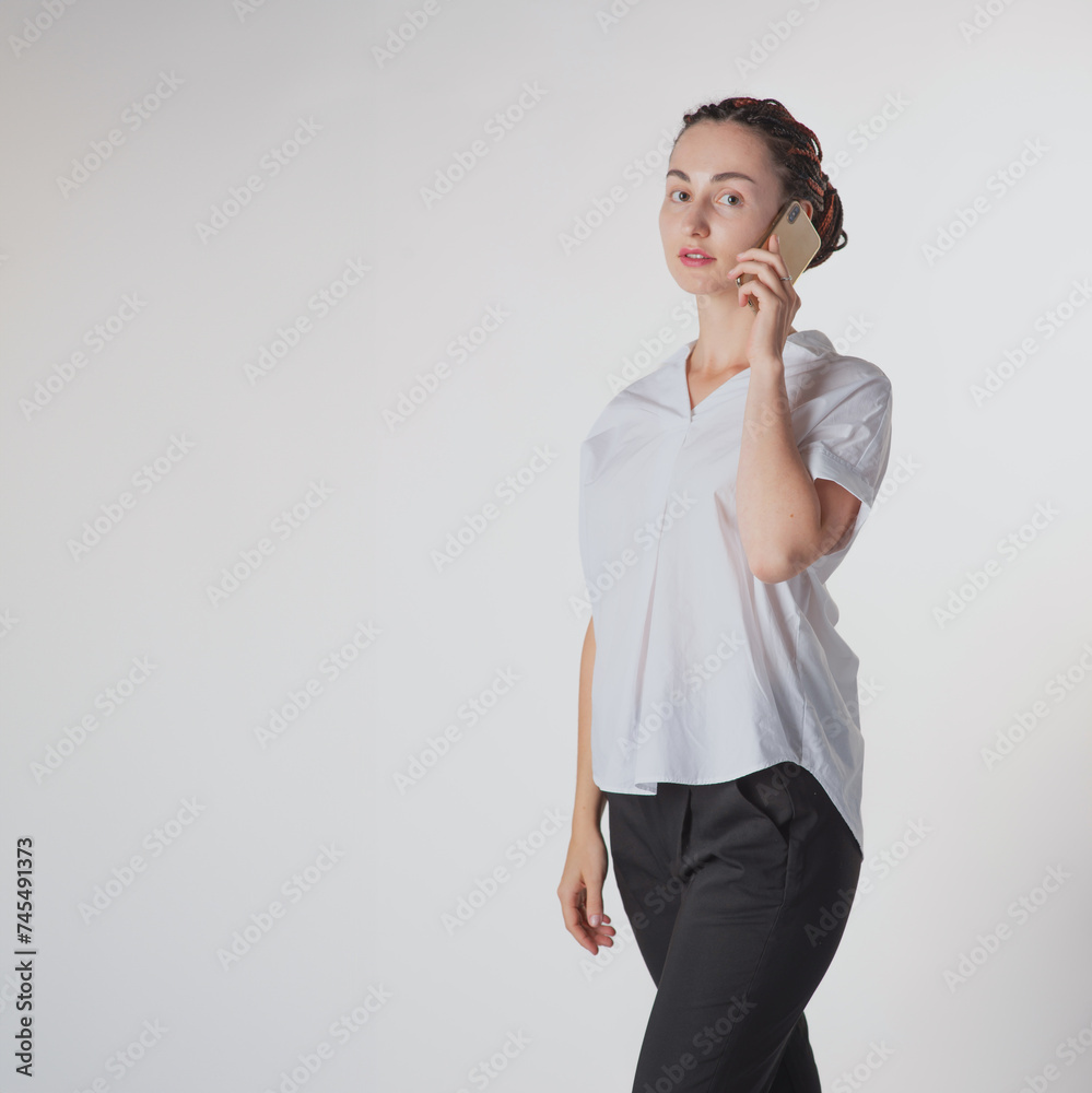 woman with smartphone on white background woman with smartphone on white background