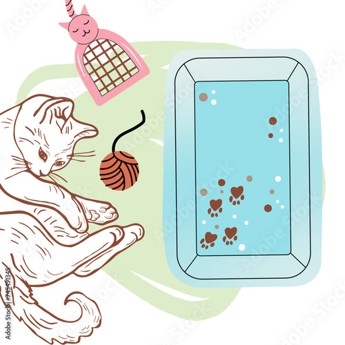 Frame or banner with cat and litter box for websites. Cute funny background.