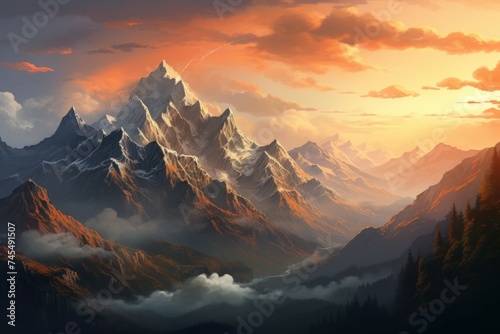 Majestic Mountain range art. Mystic haze. Generate Ai © juliars