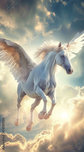 A beautiful white horse with wings flying in the sky  in large scale murals with a sleek metallic finish  highly imaginative worlds  and award-winning design.