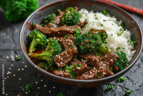 A bowl contains beef, broccoli, and white rice, in dark emerald and brown, with textural prints, skillful lighting, and dark gray and red tones.
