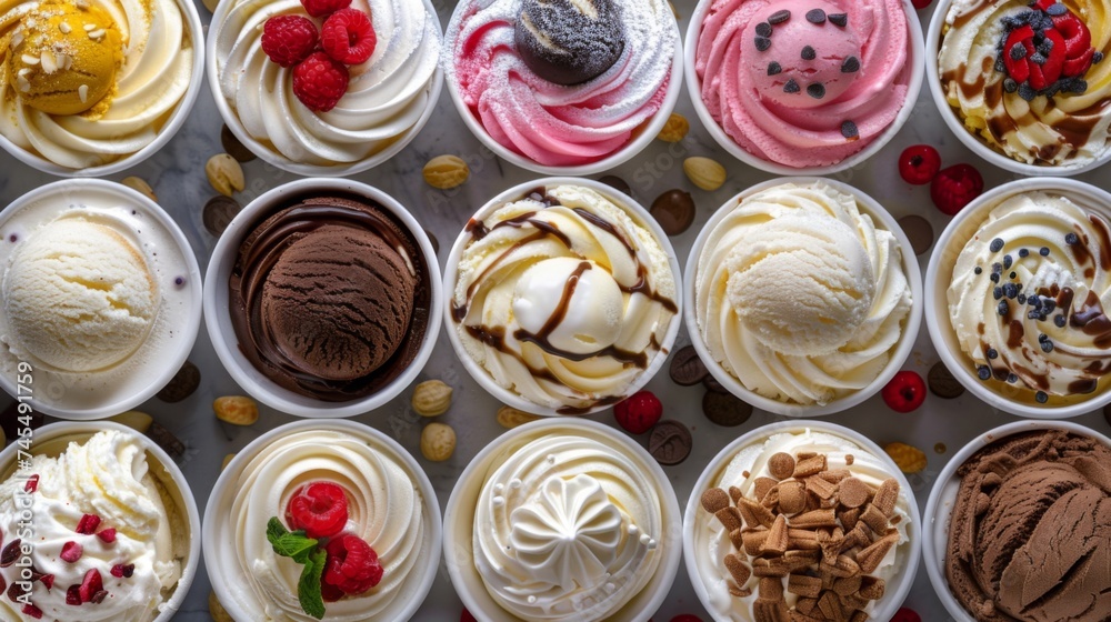 A variety of ice creams on display in the store's showcase. Top view