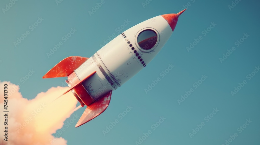 A white rocket is shown in a blue sky, representing futuristic retro, dynamic energy in light silver and light red. A white rocket is shown in a blue sky, representing futuristic retro, dynamic energy in light silver and light red.