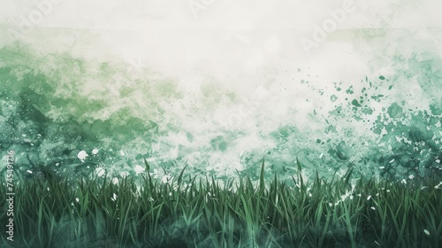 A piece of artwork is placed on a grassy field in a natural setting, in light emerald and white, featuring ethereal watercolor washes and large scale murals.