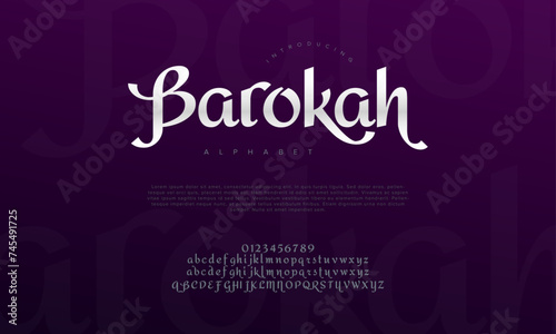 Barokah premium luxury romadhon alphabet letters and numbers. Elegant wedding typography islamic ramadan serif font decorative vintage retro. Creative vector illustration