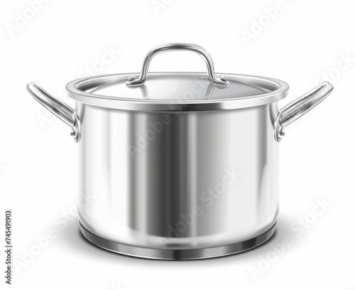 A white steel cooking pot is shown on a white background, in a traumacore style with a bold use of line.