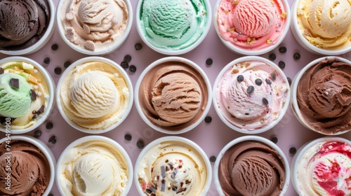 A variety of ice creams on display in the store's showcase. Top view