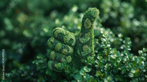 A green hand, made of green trees, gives a thumbs-up, symbolizing an environmentally friendly business with an emphasis on character design. photo