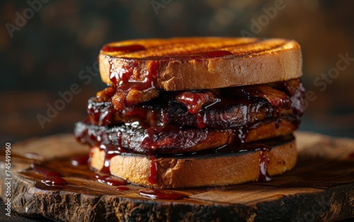 A BBQ sandwich is placed on a wooden board, colored dark red and brown.