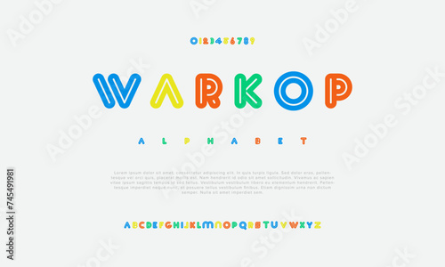 Warkop creative modern urban alphabet font. Digital abstract geometric futuristic, fashion, sport, minimal technology typography. Simple numeric vector illustration photo